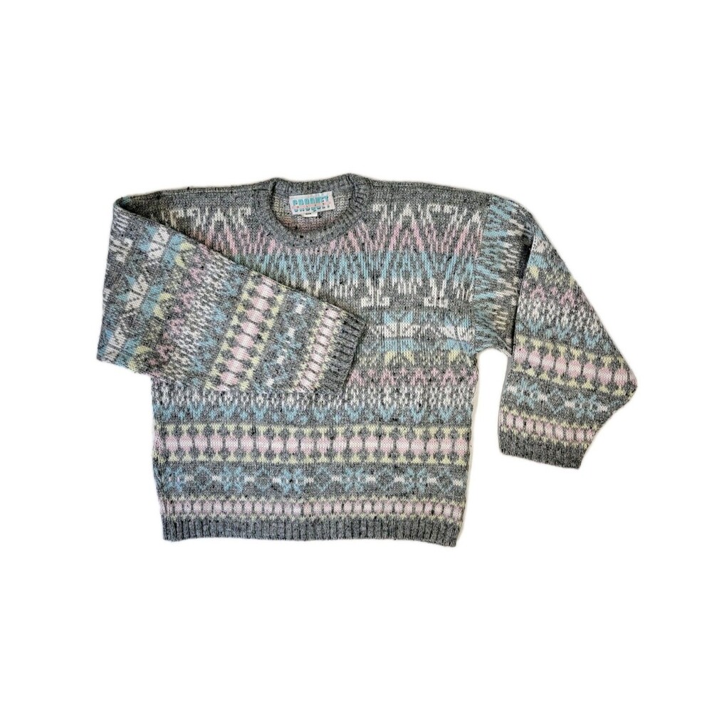 Vtg Croquet Club Gray Sweater Geometric Snowflake Holiday Knit Women's M 80s 90s